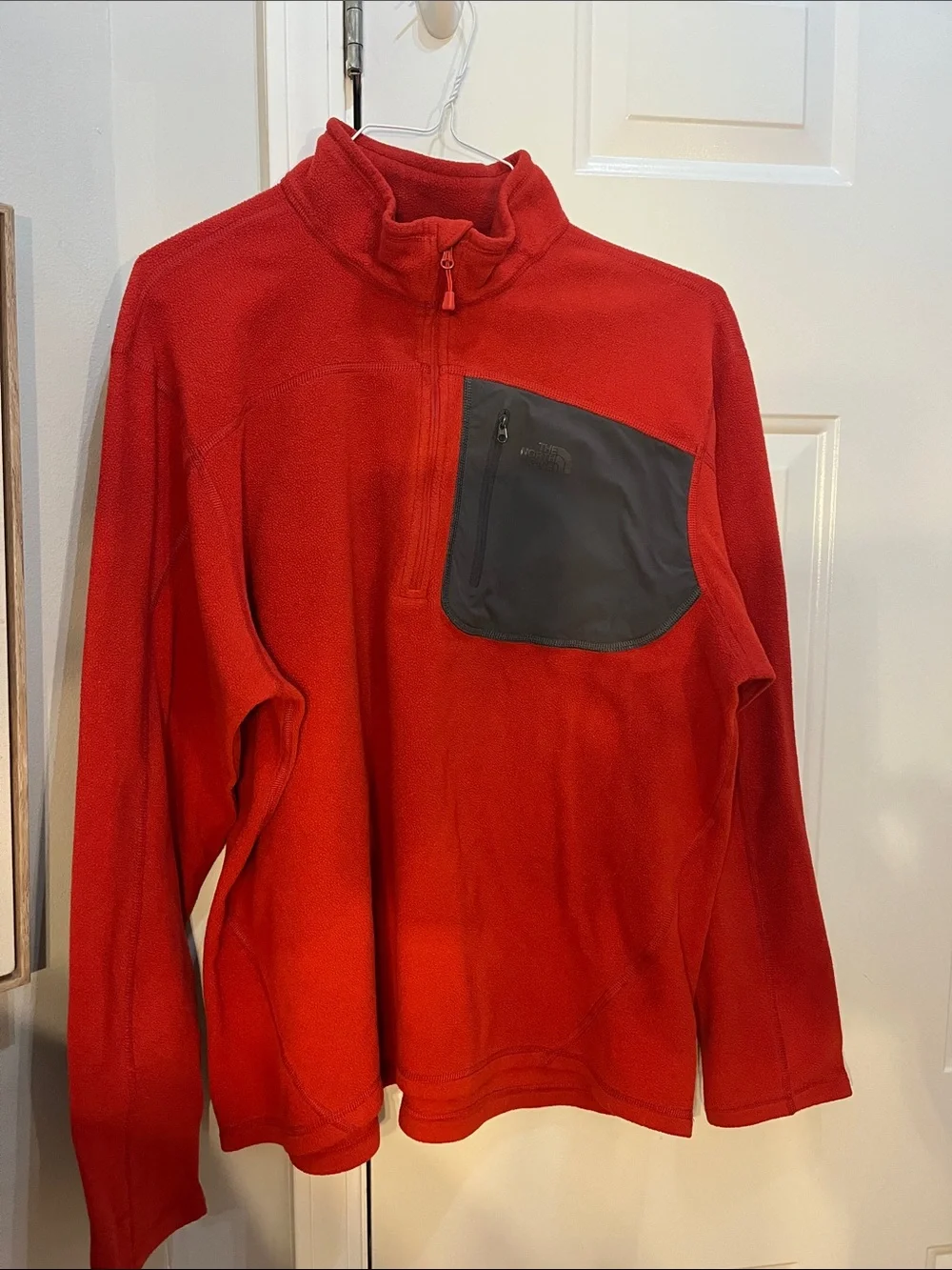 The North Face Men's Red Fleece Zip Pullover with Grey Chest Pocket